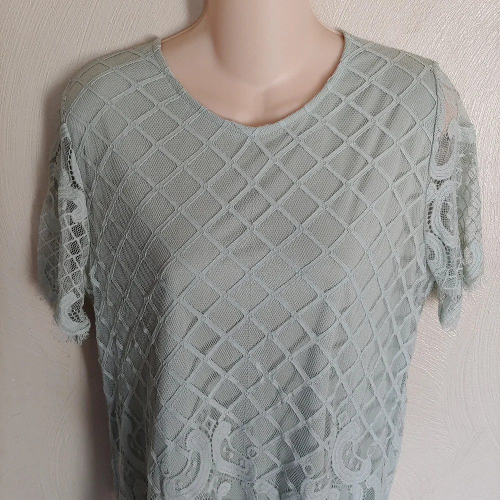 Luna Rae Mint Green Crochet Lace Short Sleeve Blouse Top Size Women's Large - Picture 4 of 12